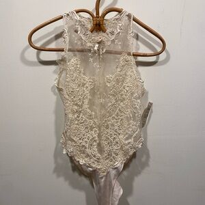 Vintage Neiman Marcus Jouquil High Neck Cream Lace Pearl Teddy Bodysuit NWT